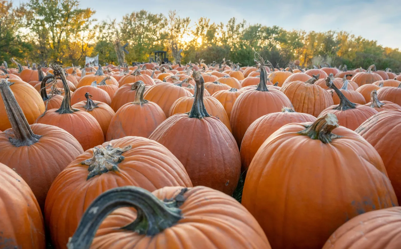 Rows of pumpkins in a field at sunset